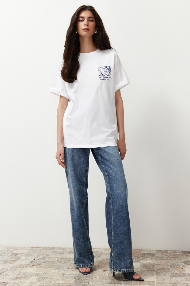 Beyaz %100 Pamuk Sırt ve Ön Baskılı Oversize/Rahat Kesim Örme T-Shirt TWOSS24TS00234 - 3