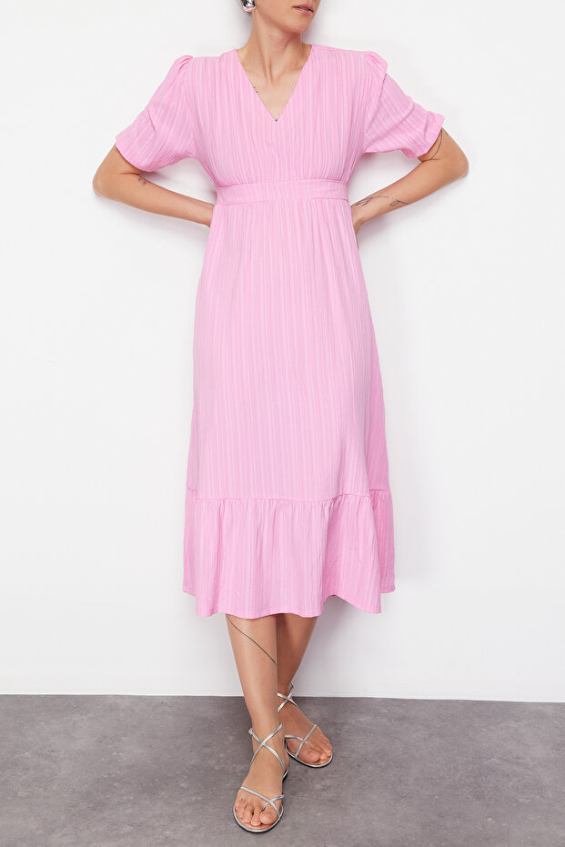 Pembe  Regular Dokuma Elbise TEDSS24EL00036 - 1