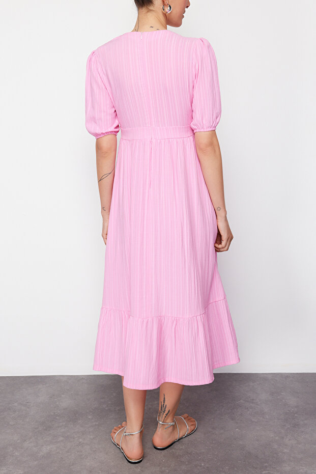 Pembe  Regular Dokuma Elbise TEDSS24EL00036 - 4