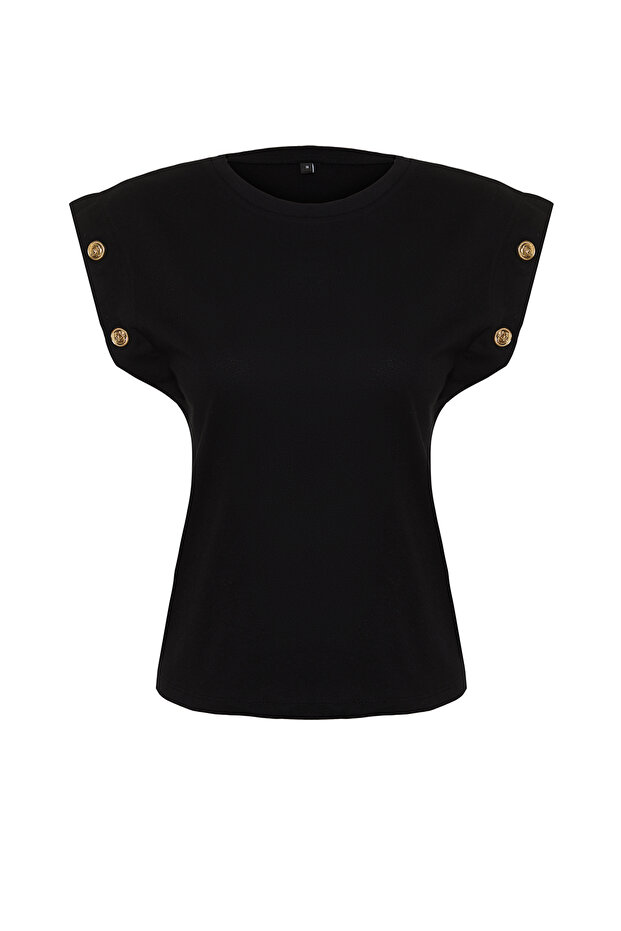 Siyah %100 Pamuk Düğme Detaylı Vatka Görünümlü Basic Bisiklet Yaka Örme T-Shirt TWOSS23TS00016 - 7
