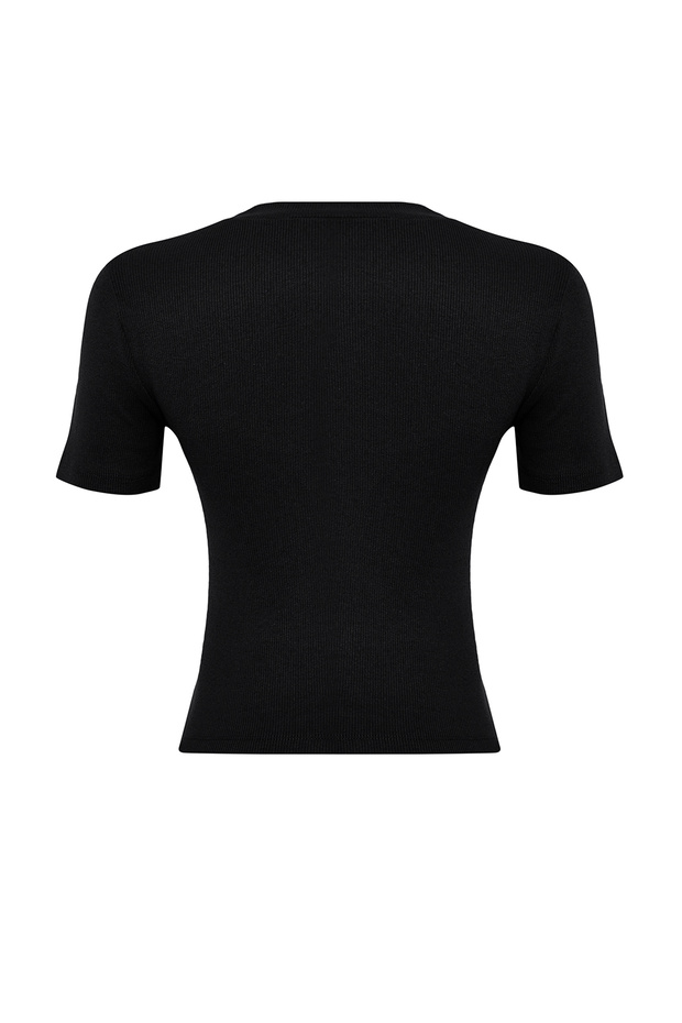 Siyah Düğme Detaylı Fitilli Fitted/Vücuda Oturan Esnek Örme Bluz TWOSS24BZ00536 - 8
