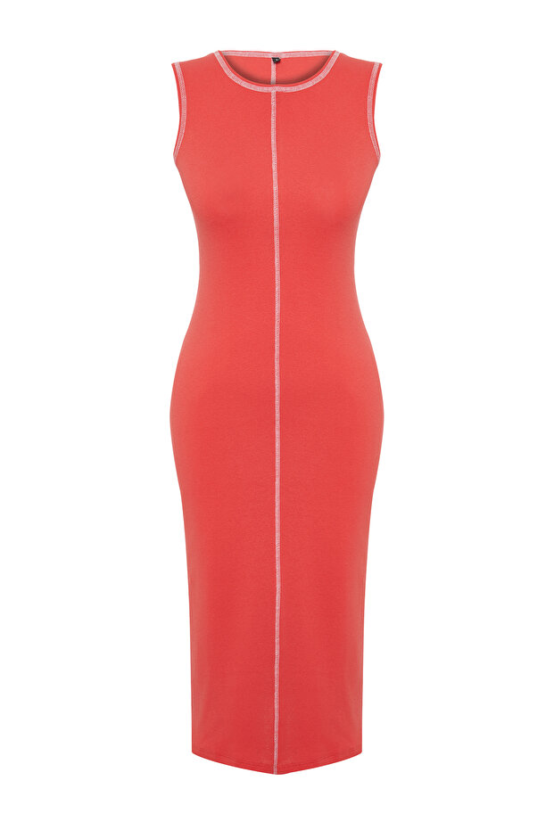 Nar Çiçeği Fitted/Vücuda Oturan Karyoka Dikiş Detaylı Fitilli Esnek Örme Midi Elbise TWOSS24EL00884 - 7