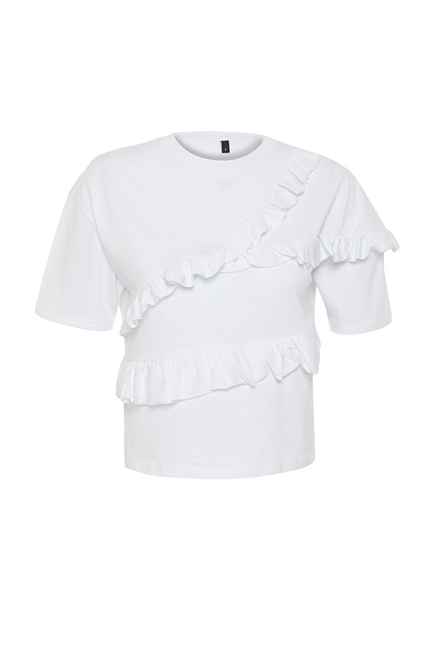 Beyaz %100 Kalın Pamuklu Fırfır Detaylı Relaxed/Rahat Kalıp Kısa Kollu Örme T-Shirt TWOSS24TS00232 - 7