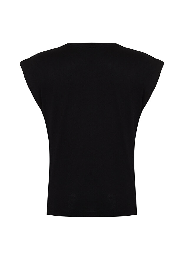 Siyah %100 Pamuk Düğme Detaylı Vatka Görünümlü Basic Bisiklet Yaka Örme T-Shirt TWOSS23TS00016 - 8