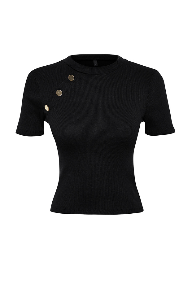 Siyah Düğme Detaylı Fitilli Fitted/Vücuda Oturan Esnek Örme Bluz TWOSS24BZ00536 - 7