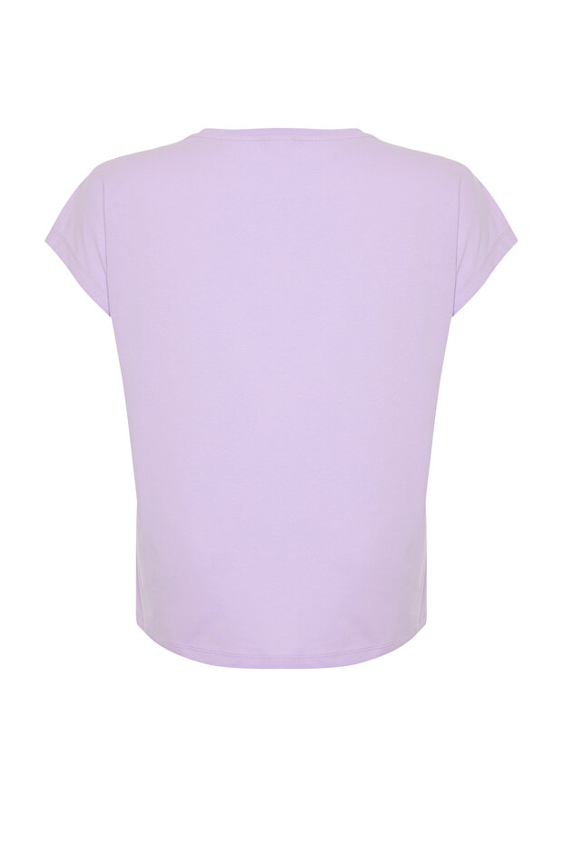 Lila Relaxed V Yaka Yırtmaçlı %100 Pamuk Örme T-Shirt TBBSS22BF0036 - 8