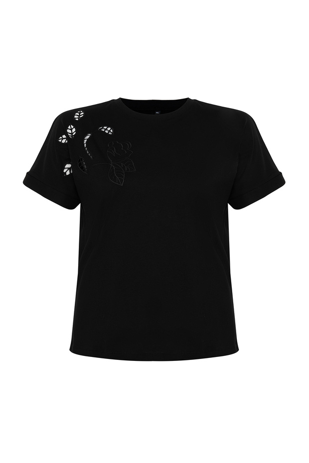 Siyah Brode Detaylı Basic %100 Pamuk Örme T-shirt TBBSS24BF00055 - 7