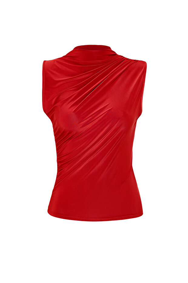 Kırmızı Sıfır Kol Büzgülü Vücuda Oturan Esnek Örme Bluz TWOSS24BZ00486 - 7