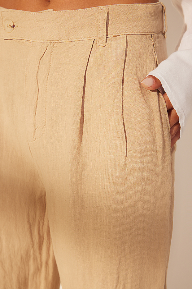 Bej %100 Keten Pileli Yüksek Bel Wide Leg Pantolon TWOSS24JE00245 - 5