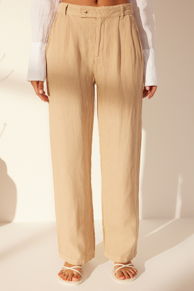 Bej %100 Keten Pileli Yüksek Bel Wide Leg Pantolon TWOSS24JE00245 - 4