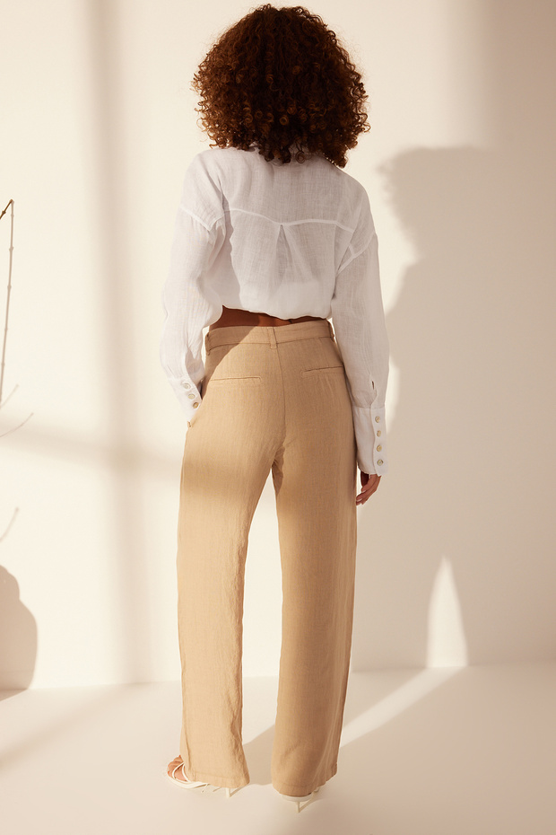 Bej %100 Keten Pileli Yüksek Bel Wide Leg Pantolon TWOSS24JE00245 - 6