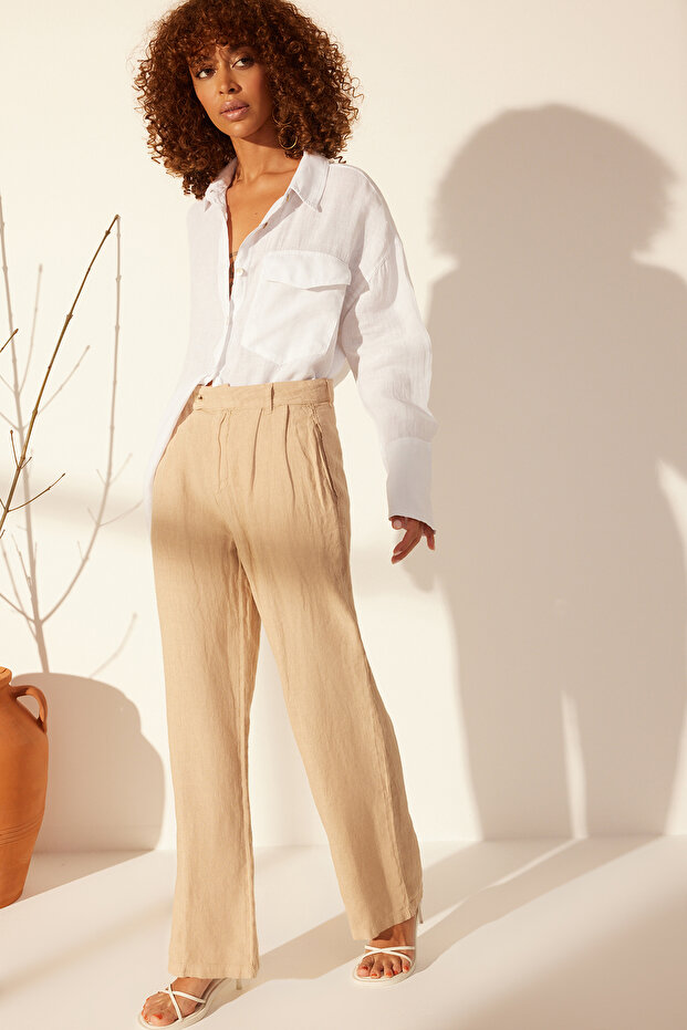 Bej %100 Keten Pileli Yüksek Bel Wide Leg Pantolon TWOSS24JE00245 - 3