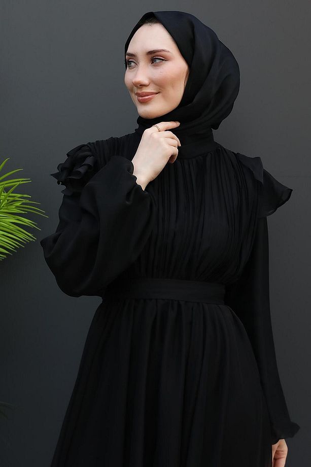 Omzu Fırfırlı Janjan Elbise Siyah - 5