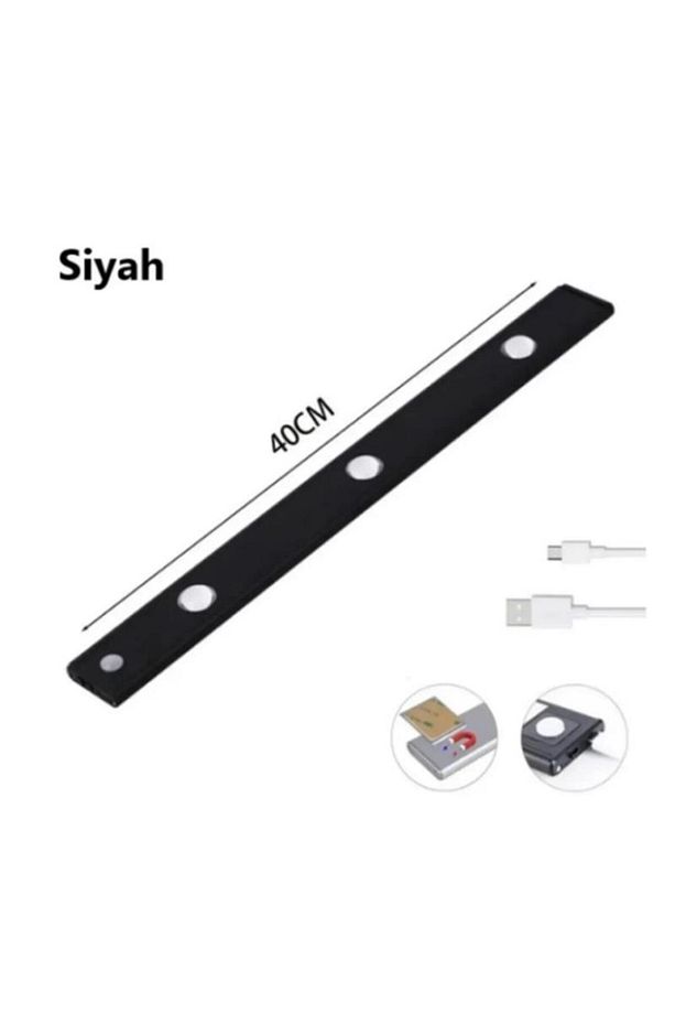 Hareket Sensörlü - Dekoratif Gece Lambası - Usb Şarjlı Led Aydınlatma Siyah Kasa 40cm Şarjlı Dolap L - 7