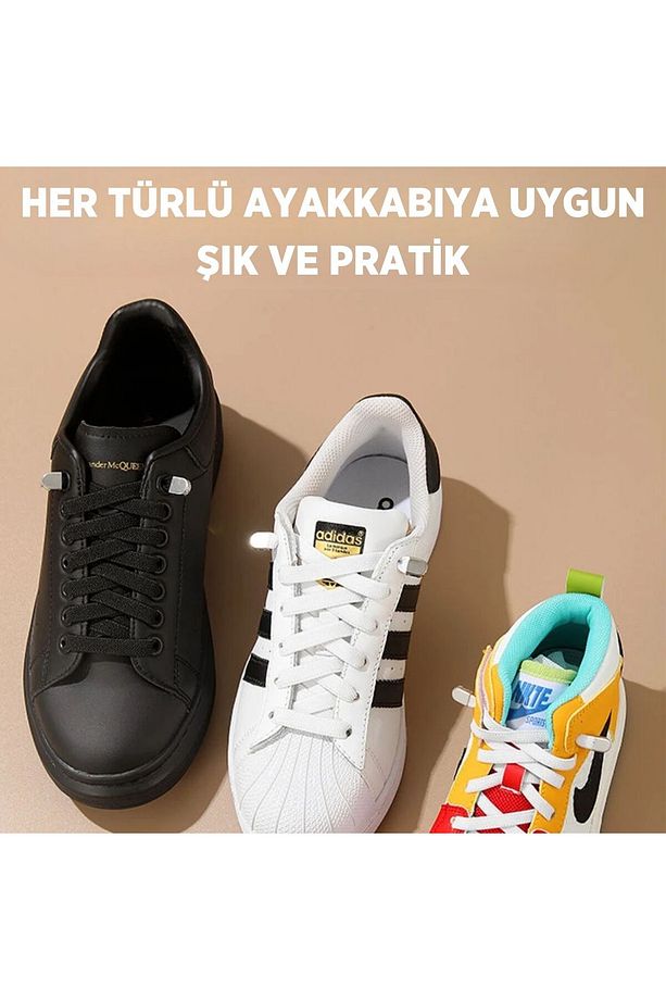 Süper Pratik Elastik Bağcık, Metal Tokalı Lastikli Ayakkabı Bağcığı, Akıllı Bağcık, 1 Çift - 3