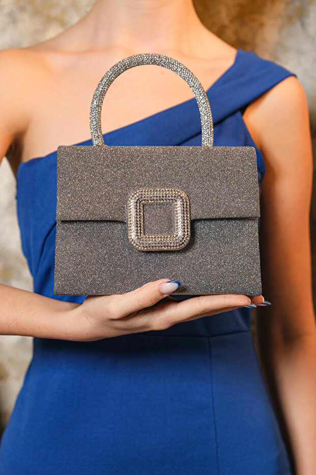 Women's Platinum Silvery Covered Accessory Detailed Chain Evening Dress Shoulder Bag