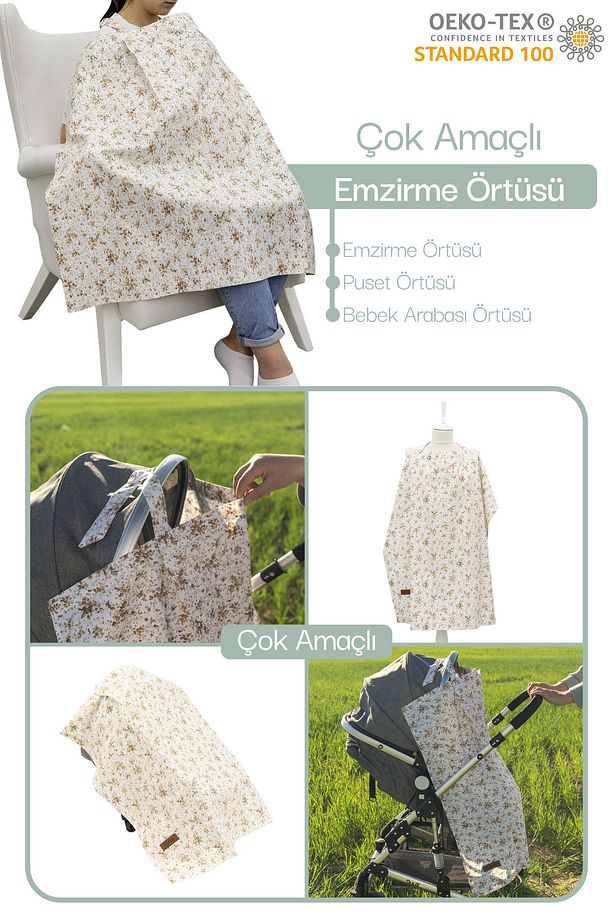 Çok Amaçlı Bebek Emzirme Örtüsü/Önlüğü; Puset, Bebek arabası örtüsü, Extra Büyük, Çıtır Seri, Kahve - 1