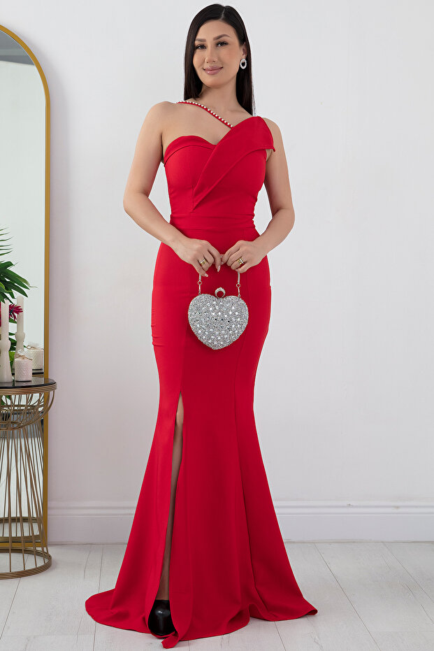 Pearl Detailed Long Fishnet Evening Dress with Slit 13218