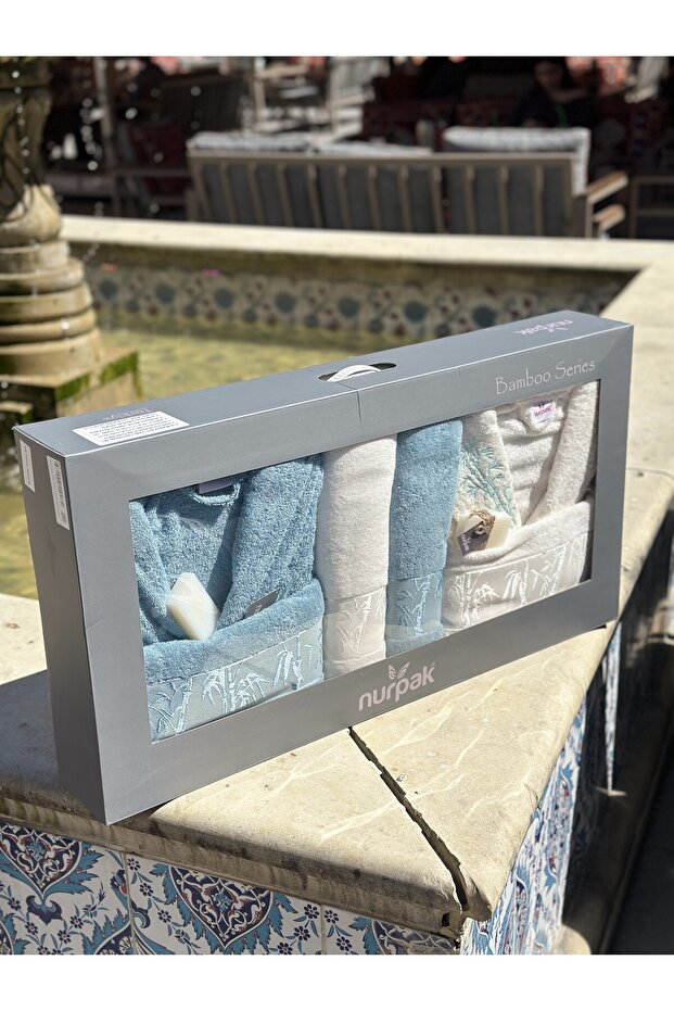 Bamboo 10 Parça Aile Bornoz Seti - Krem/Mercan - 4