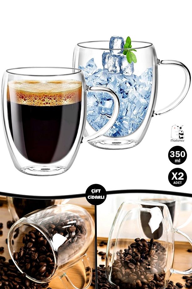 Çift Cidarlı Bardak Kupa 350 Ml Ev Ofis Espresso Kahve Çay Fincanı Borosilikat Kulplu Cam Bardak - 1