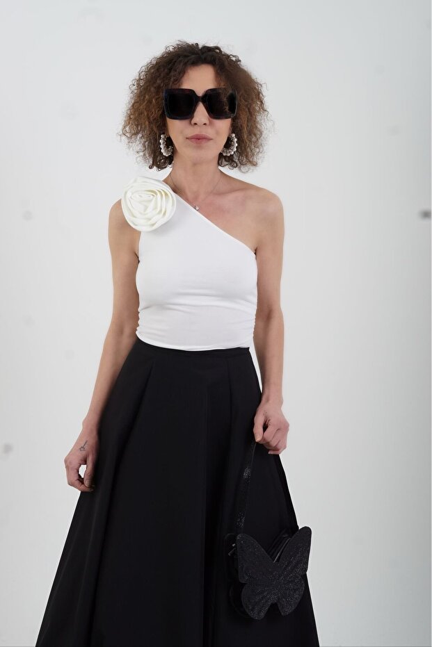 Ecru Rose Brooch Asymmetrical Single Shoulder Blouse