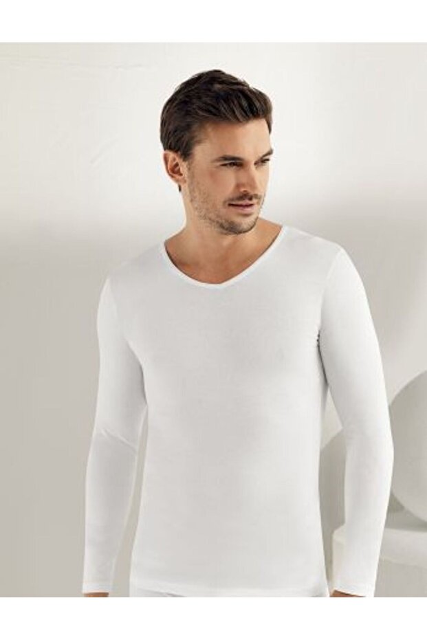 Men's White Long Sleeve V-Neck Lycra Single Jersey Undershirt Me075 new