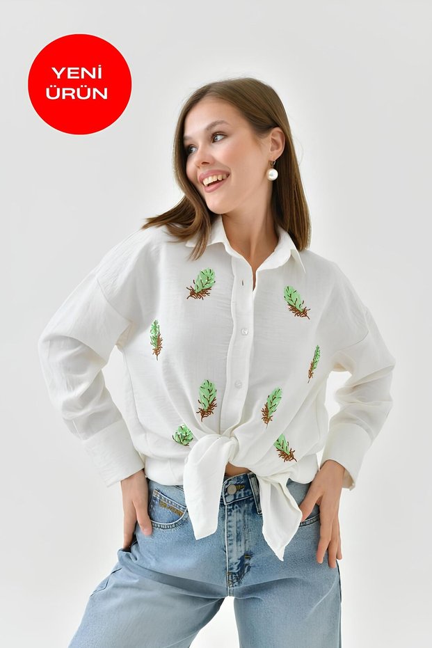 Women's Leaf Pattern Sequin Sequin and Embroidery Embroidered Cotton Flame Shirt Ecru