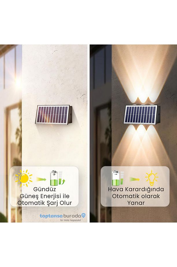 1Adet Güneş Enerjili Çift Taraflı 6 Ledli Aplik Sarı Işık Duvar Lambası Bahçe Aydınlatma - 5