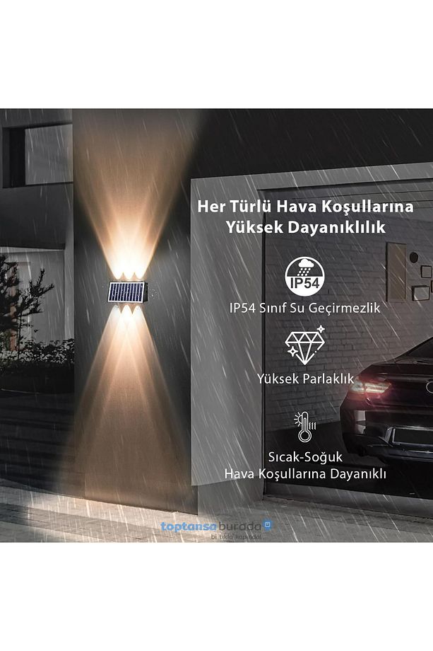 1Adet Güneş Enerjili Çift Taraflı 6 Ledli Aplik Sarı Işık Duvar Lambası Bahçe Aydınlatma - 9