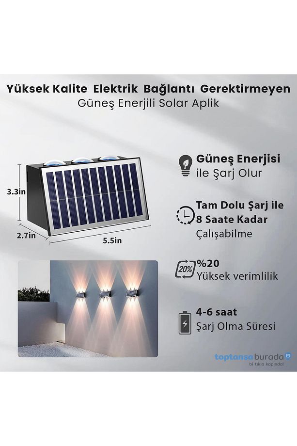 2Adet Güneş Enerjili Çift Taraflı 6 Ledli Aplik Sarı Işık Duvar Lambası Bahçe Aydınlatma - 4
