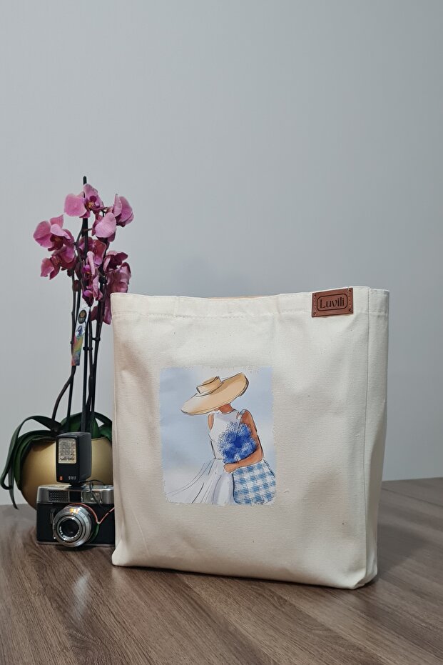 Printed Gusseted Canvas Cloth Bag with Pockets| Women's Blue Floral Hat