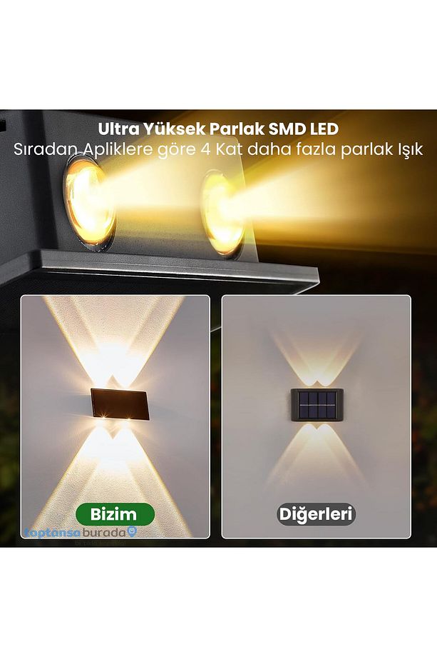 1Adet Güneş Enerjili Çift Taraflı 4 Ledli Aplik Sarı Işık Duvar Lambası Bahçe Aydınlatma - 5