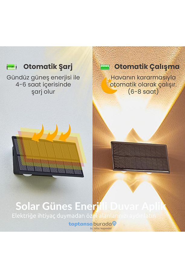 1Adet Güneş Enerjili Çift Taraflı 4 Ledli Aplik Sarı Işık Duvar Lambası Bahçe Aydınlatma - 8