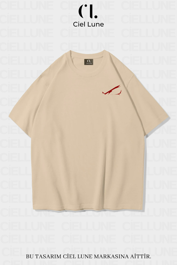 Unisex Women's and Men's Red Eyes Printed Special Design Oversize T-Shirt Beige