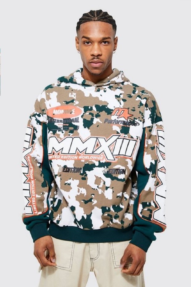 Unisex Oversize Motosport Hooded Camouflage Sweatshirt