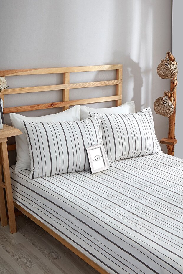 Anthracite Striped Pattern Double Oversize Elastic Sheet Set