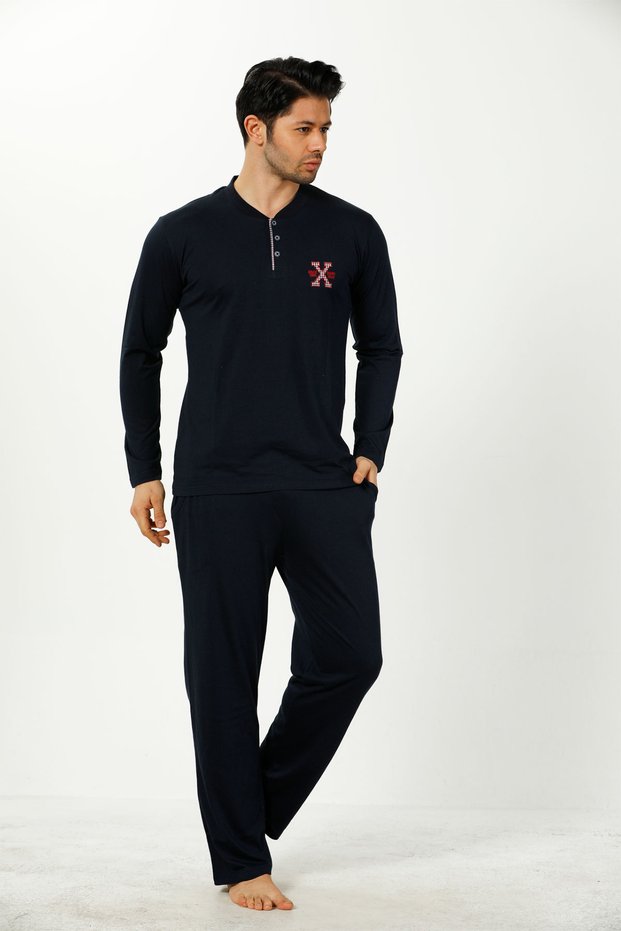 Navy Blue Long Sleeve Men's Pajama Set 1102Uy