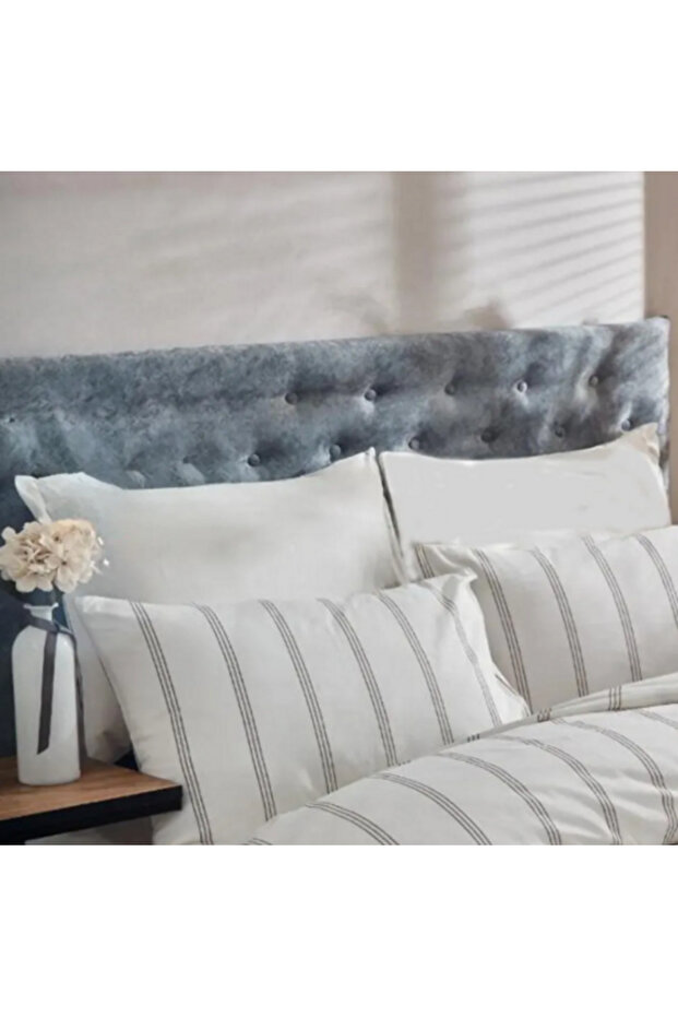Atlantis Ecru Striped Pattern Single Duvet Cover Set Two-Way Use Flat Sheet Plain Ecru Color - 2