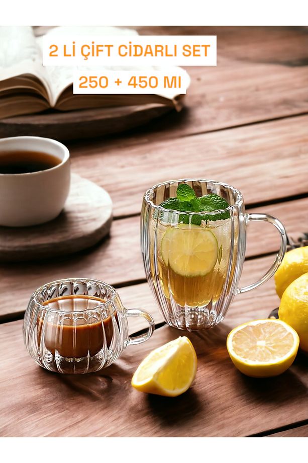 2'li Çift Cidarlı Çift Camlı 450+250 ml Isıya Dayanıklı Cam Bardak Kahve Latte Sunum Bardağı - 1