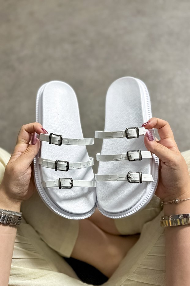 Esp White Three-Striped Women's Slippers