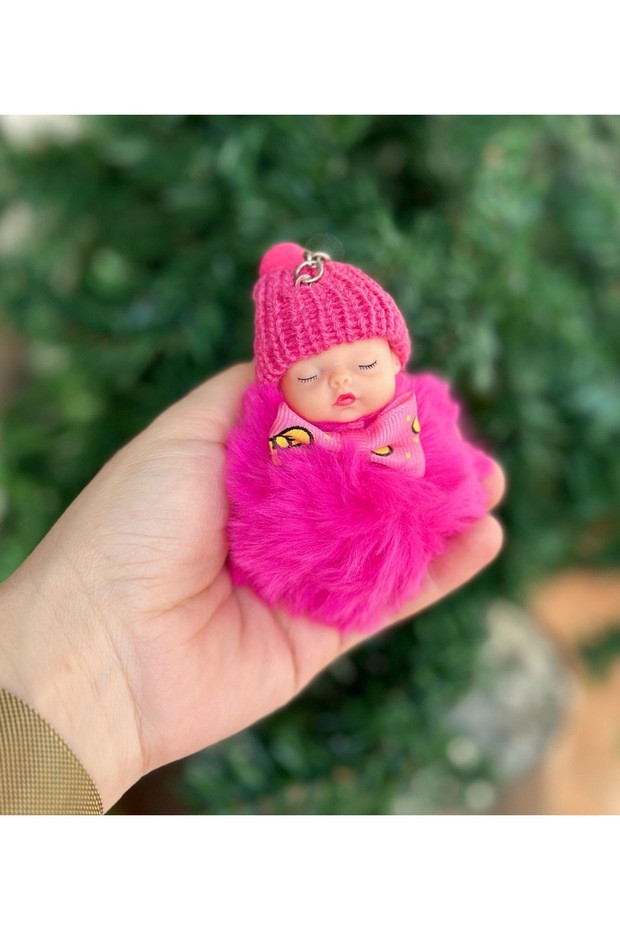 Cute pom- Plush plush sleeping baby Keychain with hat, fuchsia pink pom-pom