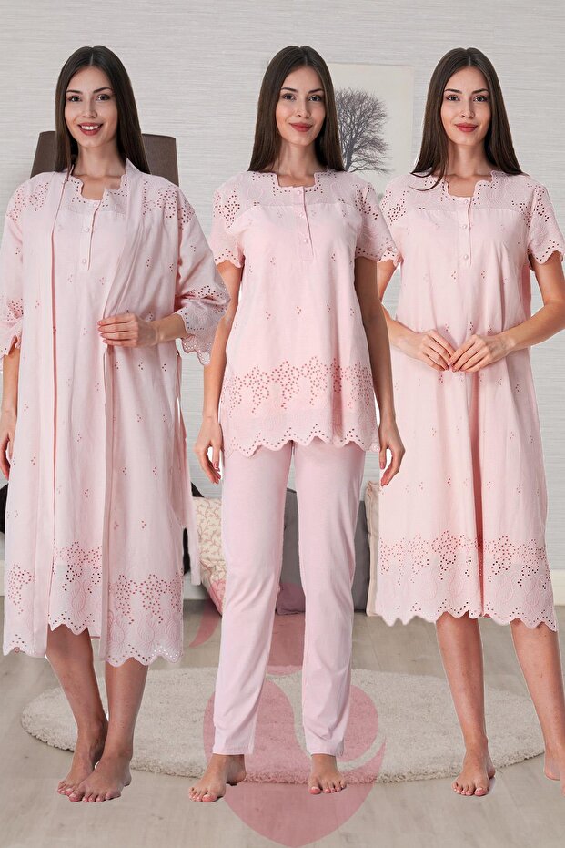 Pink Scalloped Maternity Dressing Gown Nightgown and Pajama Set 4 Pieces Effortt