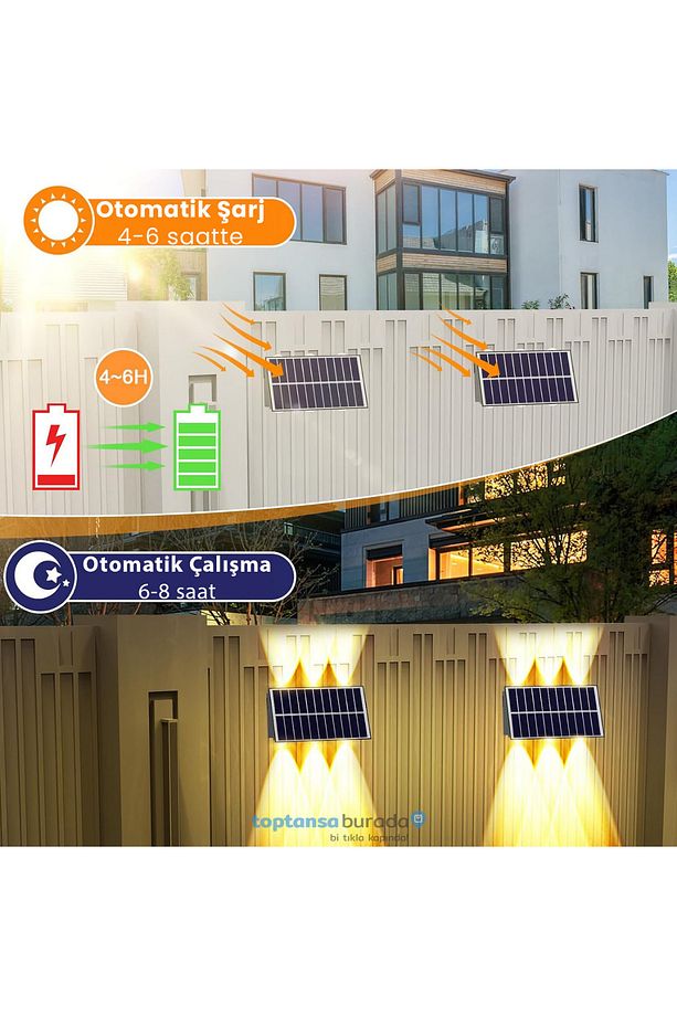 2Adet Güneş Enerjili Çift Taraflı 6 Ledli Aplik Sarı Işık Duvar Lambası Bahçe Aydınlatma - 7