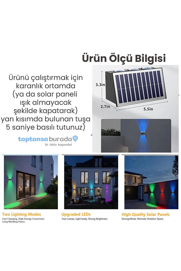 1Adet Güneş Enerjili Çift Taraflı 6 Ledli Aplik RGB Işık Duvar Lambası Bahçe Aydınlatma - 5