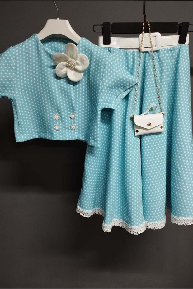 Girl's Polka Dot Button Detailed Blue Skirt Suit