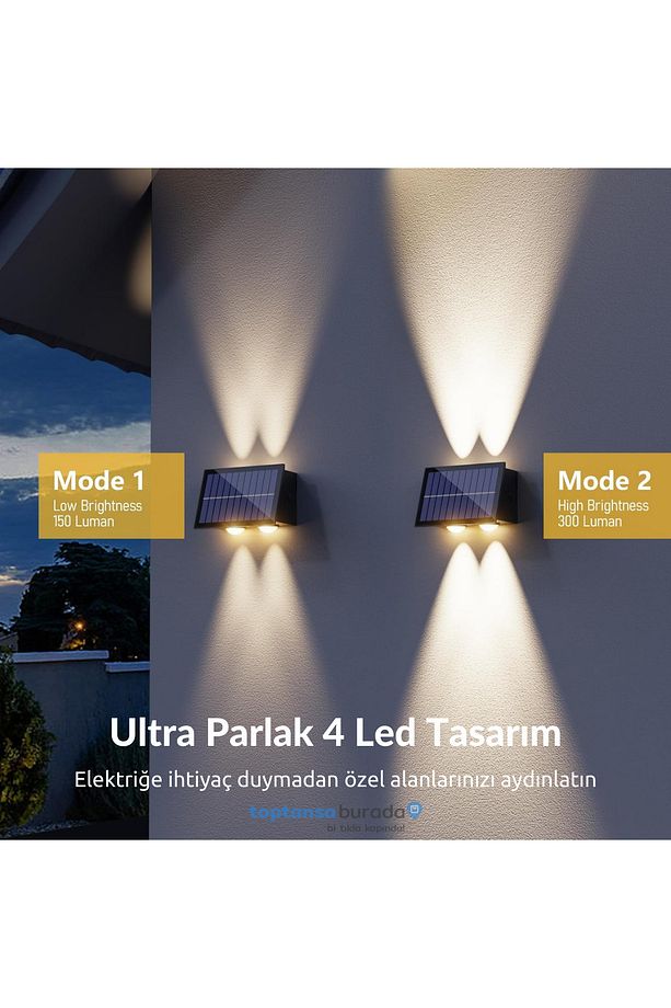 1Adet Güneş Enerjili Çift Taraflı 4 Ledli Aplik Sarı Işık Duvar Lambası Bahçe Aydınlatma - 4