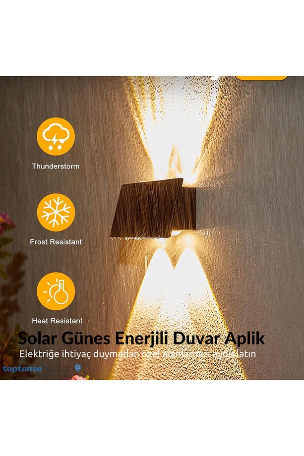 1Adet Güneş Enerjili Çift Taraflı 4 Ledli Aplik Sarı Işık Duvar Lambası Bahçe Aydınlatma - 3