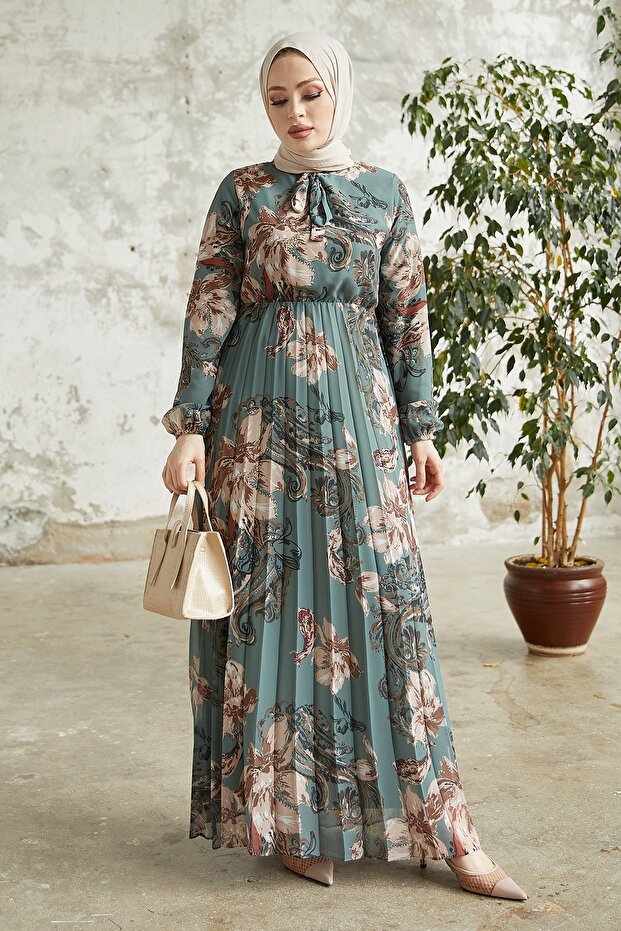 Serena Flower Pattern Pleated Chiffon Hijab Dress - Petrol Green