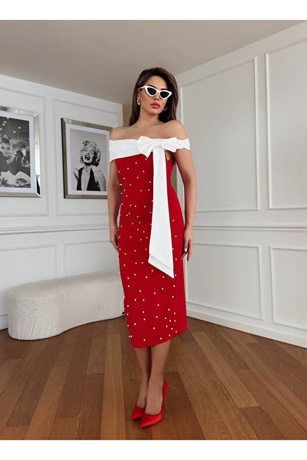 Women's Red Crepe Fabric Carmen Collar Pearl Detail Bow Accessory Design Dress