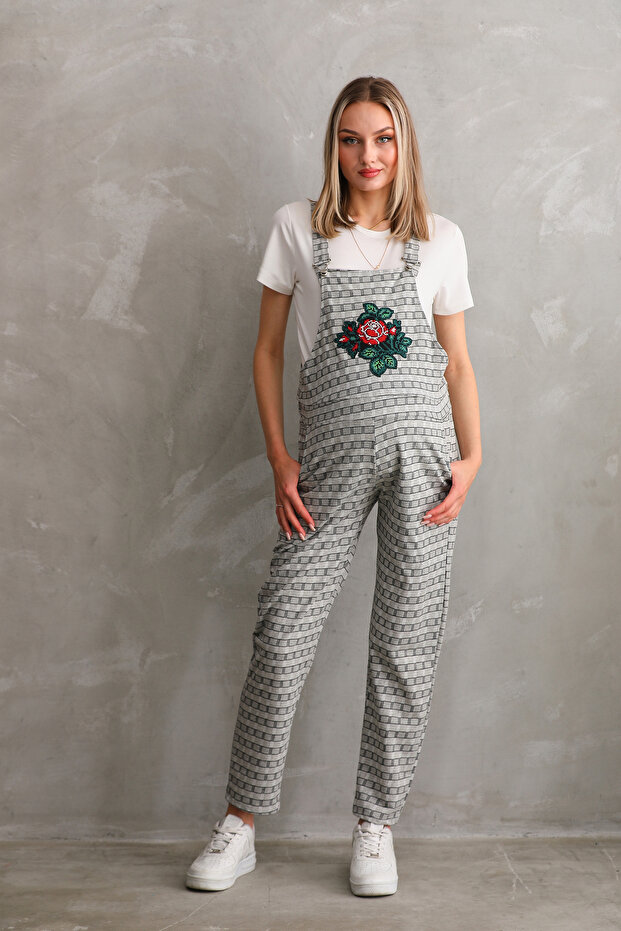 Embroidered Pregnant Gardener Jumpsuit with Front Snap Fasteners